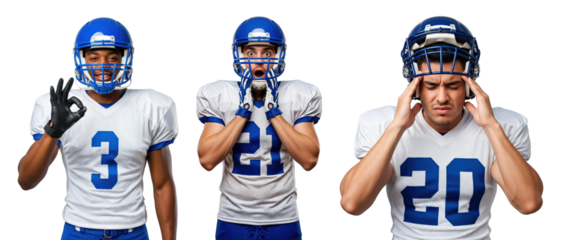 Three Male Football Players in Uniform Expressing Different Emotions on transparent background