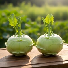 Organic Vegetables: Two Fresh Kohlrabi Bulbs with Green Leaves in a Garden