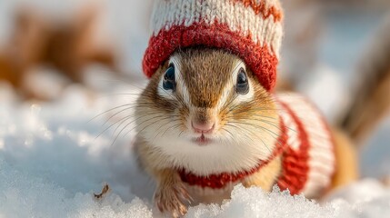 A cute chipmunk with brown and white fur, wearing a red and white striped sweater and knitted hat, in snow