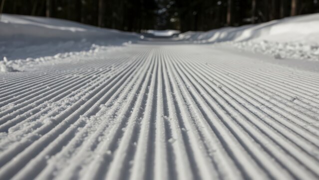 Perfectly groomed corduroy snow on a ski slope, ready for skiing and snowboarding. - Powered by Adobe