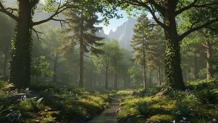Fototapeta premium Serene Forest Landscape with Mountain View and Lush Greenery Under Clear Blue Sky