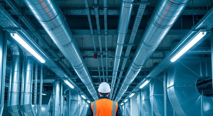 Worker inspecting industrial pipes and ventilation system