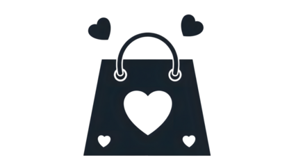 Black shopping bag with white heart and small hearts on isolated transparent background