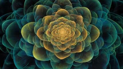 A mesmerizing fractal design resembling a blooming flower, with layers of blue, green, and golden hues