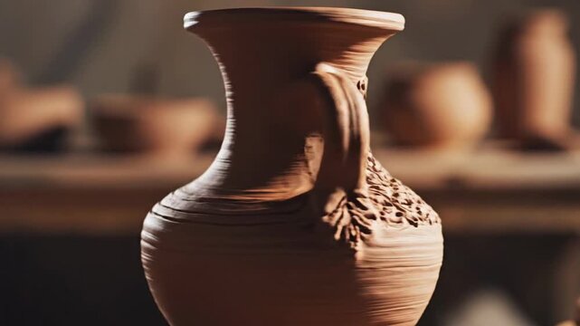 Elegantly sculpted clay vase with intricate patterns, a testament to traditional pottery craftsmanship
