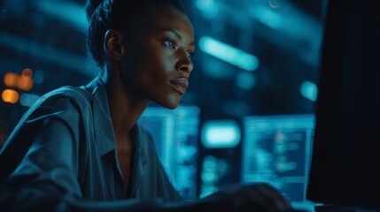 A focused, professional woman of African descent works intently at a computer, with multiple monitors in a dimly lit, high-tech setting