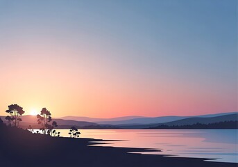 Scenic lake landscape at dusk featuring silhouetted trees and mountains