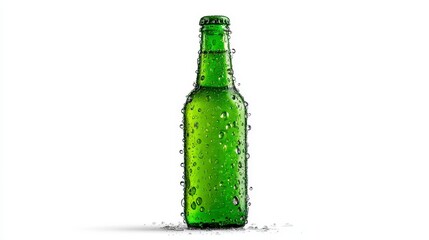 A close-up shot of a green glass container covered in condensation, resting against a clean white backdrop