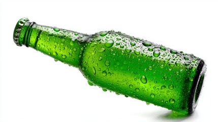 A close-up shot of a green glass bottle covered in water droplets against a white backdrop. The bottle lies at an angle