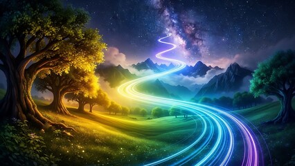 Magical radiant path winding through a dreamlike landscape under a starry sky