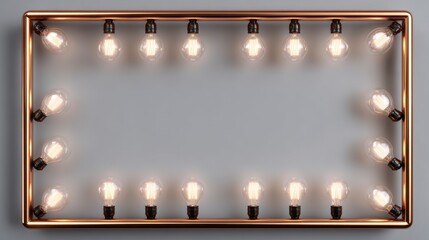 A rectangular copper frame with evenly spaced incandescent light bulbs illuminating a gray background
