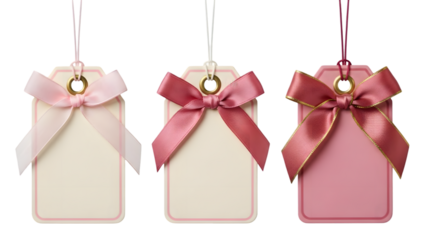 Pink and white gift tags with bows isolated on transparent background