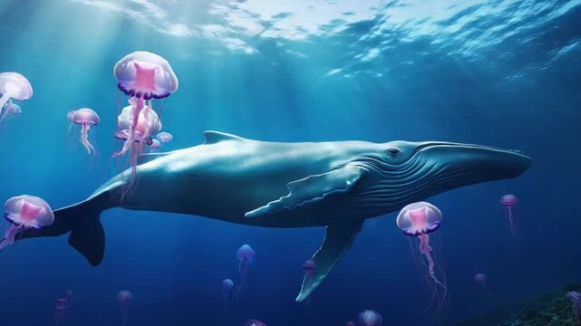 Majestic blue whale swims peacefully with glowing jellyfish in sun-dappled ocean depths