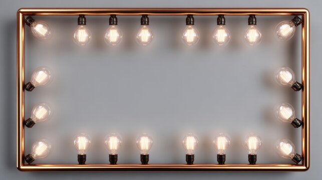 A rectangular copper frame with evenly spaced incandescent light bulbs illuminating a gray background - Powered by Adobe