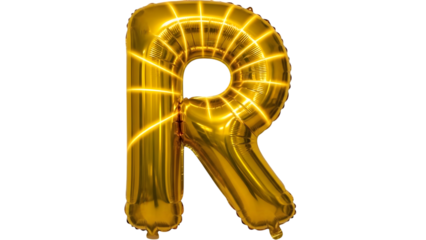 Golden letter r balloon in shiny reflective material on transparent background