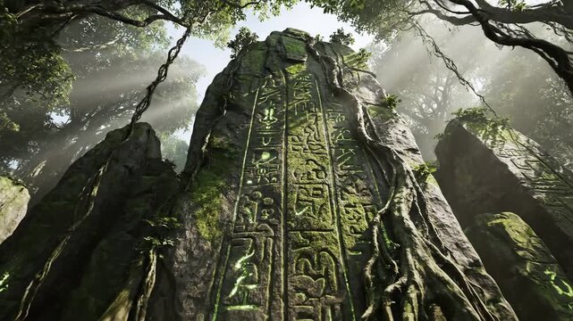 Emerald moss-covered ancient glyphs etched into a colossal granite monolith within a dense, sun-dappled jungle setting