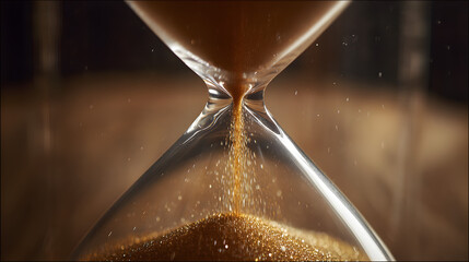 infamy. Final grain of sand falling through hourglass center, soft wooden background, dramatic lighting. wellbeing guides.