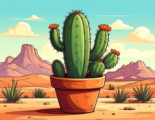 Vivid illustration of a large cactus with bright orange flowers in a terracotta pot set in a desert scene under a blue sky