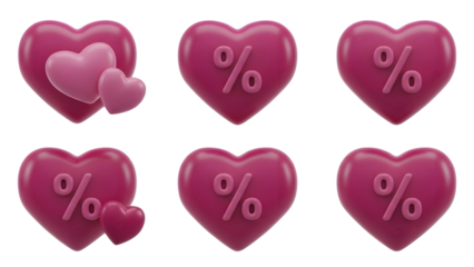 Pink heart shaped percent off sale icons with white percent sign on transparent background for valentines day sale