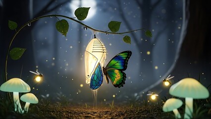 Magical butterfly emerges from glowing chrysalis in an enchanted forest at night