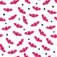 Whimsical Pink Bat Pattern with Subtle Stars on a Clean White Backdrop Ideal for Halloween Decorations and Spooky Themed Designs