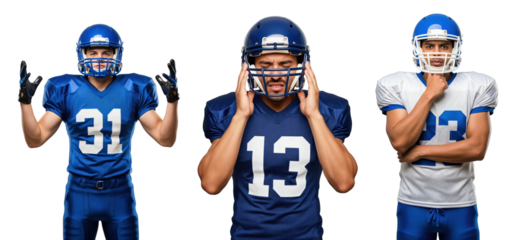 Group of Male Athletes in Blue Football Uniforms Representing Various Positions and Emotions