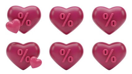 Pink heartshaped discount or sale symbols with percentage signs on them for advertising or marketing isolated on transparent background