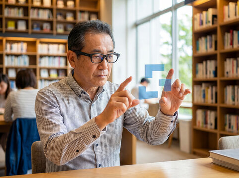 図書館でARホログラムを操作する知的なシニア男性 - Powered by Adobe