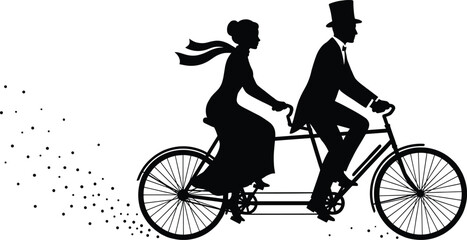 Obraz premium Romantic vintage couple riding tandem bicycle silhouette, classic love scene, retro transportation concept, black and white illustration vector