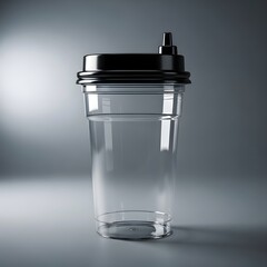 A clear plastic tumbler with a black lid on a gray background