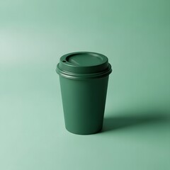 A green disposable coffee cup with a lid on a matching green background