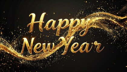 Happy New Year text in flowing gold sparkle, an isolated element for use on greeting cards, social media posts, festive invitations, or digital banners