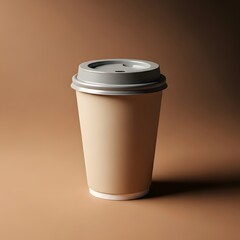 A brown disposable coffee cup with a gray lid on a brown background