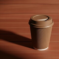 Brown disposable coffee cup on wooden surface
