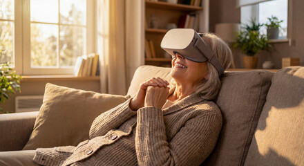 自宅のリビングで最新のVRテクノロジーを体験するシニア女性