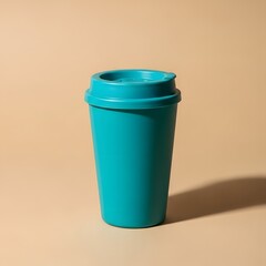 A teal colored reusable plastic cup on a beige background