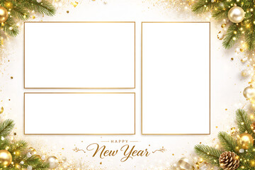 Happy New Year 2026 and Merry Christmas white and gold social media backgrounds with trees. Templates for square, portrait posts and etc.