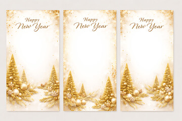 Happy New Year 2026 and Merry Christmas white and gold social media backgrounds with trees. Templates for square, portrait posts and etc.