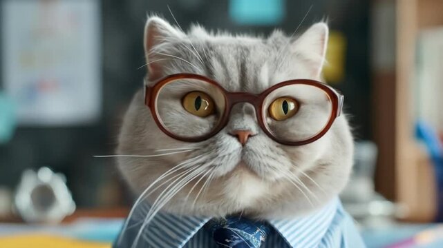 A dignified cat with red round glasses, striped blue shirt, and an earnest scholarly gaze, chic now