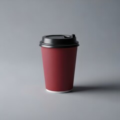 A red disposable coffee cup with a black lid on a gray background