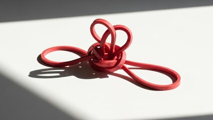 Fototapeta premium Intricate Red Rubber Band Knot Sculpture on White Surface.
