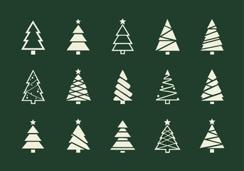 Diverse Christmas Tree Icons Collection on a Deep Green Background for Festive Graphics