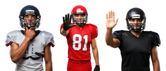 Three Young Male Football Players in Uniforms Making Gestures on a transparent background