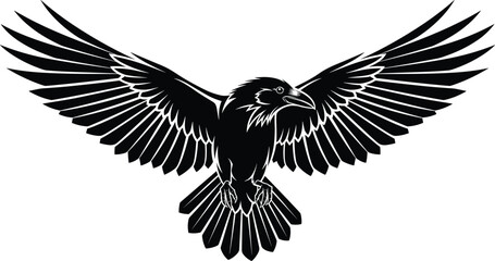 Obraz premium Raven silhouette flying, black vector bird, wings spread illustration, mysterious animal, symbolic flight, nature, predator pose, gothic wildlife design