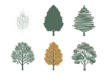 Fototapeta premium Collection of six distinct tree illustrations with varied artistic styles and colors presented against a white background ideal for graphic design