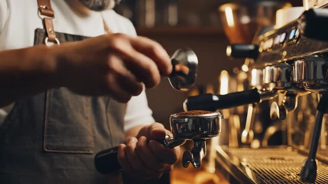 Expert barista tamps fresh coffee grounds into a portafilter attached to an espresso machine, preparing a rich beverage.
