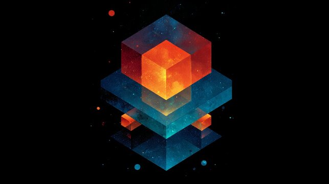 Abstract geometric composition with multiple shapes and LED lights in orange and blue tones, futuristic techno design concept suitable for album cover, digital art, and modern music visuals - Powered by Adobe