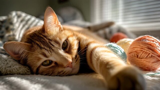 朝の光の中、毛糸玉に頬を寄せる茶トラ猫の近接、人物なし