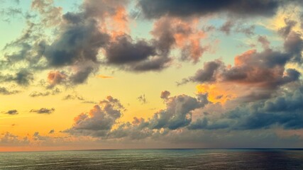 Dramatic, colourful cloudscape at sunset over the Caribbean Sea.