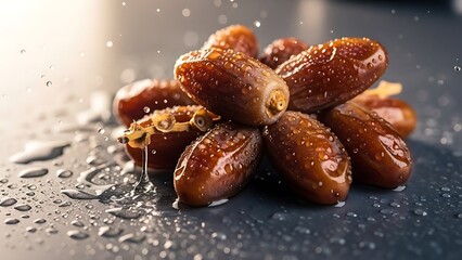 Sweet, glistening dates piled high, glistening with water droplets, a healthy, natural treat.